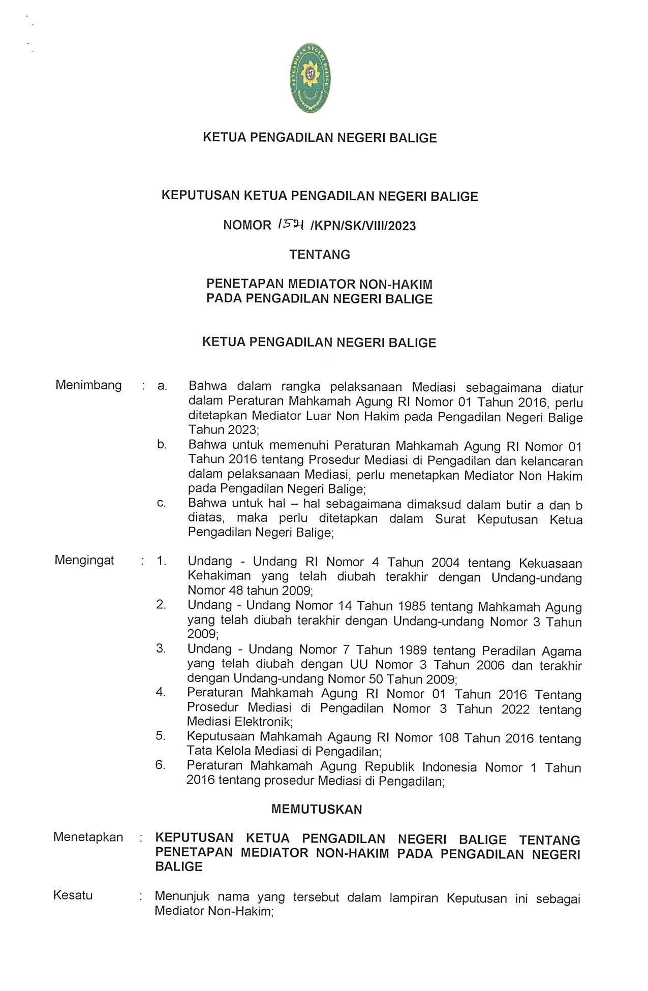 MEDIATOR NON-HAKIM PADA PENGADILAN NEGERI BALIGE